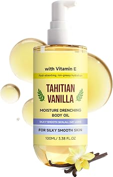 Tahitian Vanilla Body Oil, Moisture Drenching Serum, Moisturising Body Oil with Vitamin E, Fast-Absorbing Vanilla Body Oil for Dry Skin, Protects & Soothes Dryness, Lightweight & Non-Greasy - 100ml