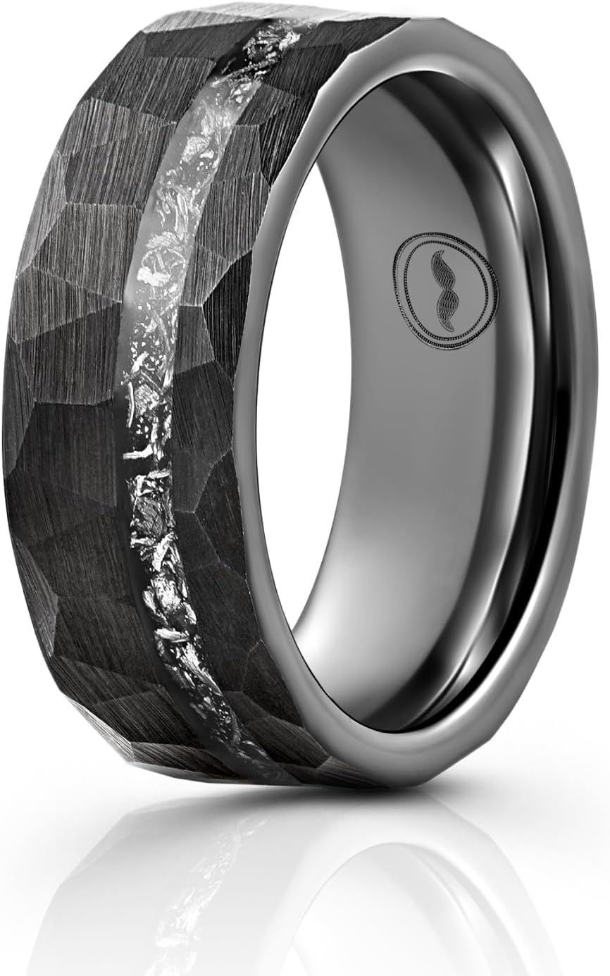Gentlemen's Bands Premium Black Tungsten Hammered Wedding Band with Real Meteorite Inlay | Wedding Ring Is Ideal Gift | Package Includes Silicon Band, Walnut Ring Box, Leather Pouch