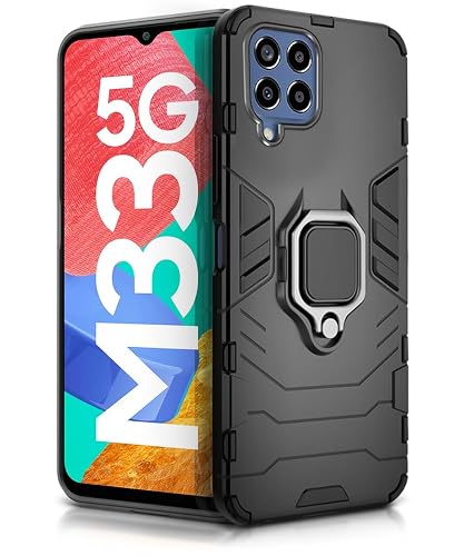 WOW IMAGINE Shock Proof Back Case Mobile Cover for Samsung Galaxy M33 5G | Back Cover Case (Tough Armor | Hybrid PC + TPU | Ring Holder & in-Built Kickstand | Black)