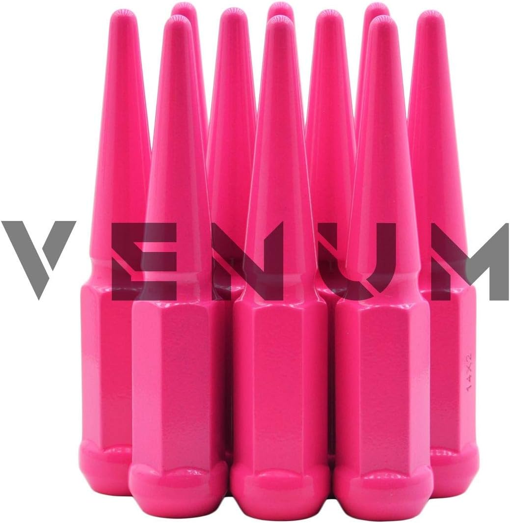 Venum wheel accessories 20 Pc Hot Pink Spike Lug Nuts Powder Coated | Steel | 4.5" Tall | M14x1.5 Thread Pitch + 1 Key Works With2015-2020 Ford Mustang Ecoboost 5.0 5x4.5 Aftermarket Wheels