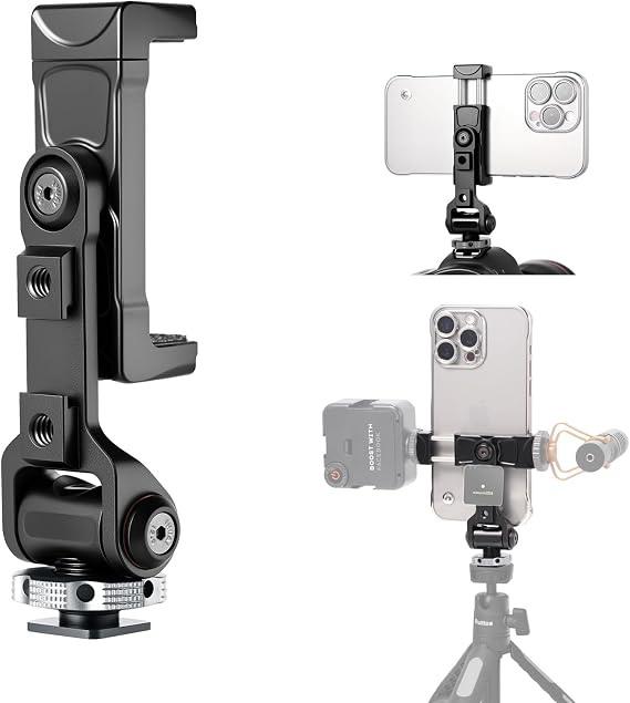 Ruittos Metal Phone Tripod Mount Adapter with Cold Shoe, 360 Swivel 180 Tilt, Phone Holder Clamp Compatible with iPhone 16, 15 Pro Max Galaxy S24, etc. Free Adjustment Joints