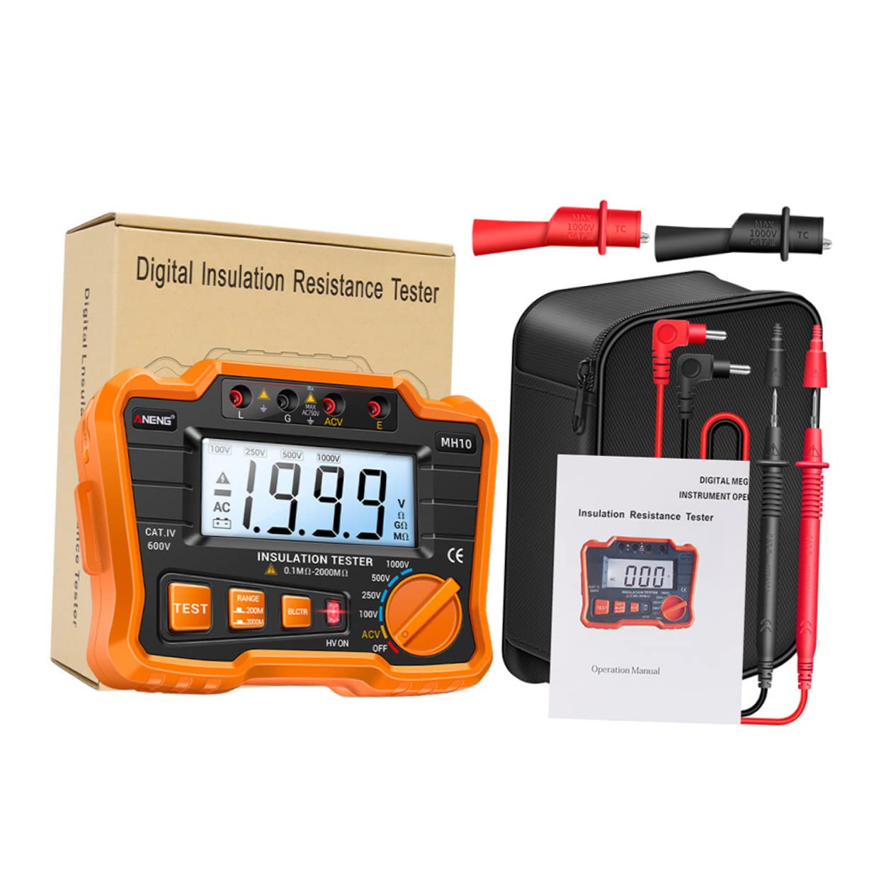 SOLUSTRE Probador De Resistencia De Aislamiento Digital Mh10 Pantalla Lcd, Megóhmetro Electrónico Portátil Naranja, Medidor Para Pruebas Eléctricas Industriales y Mantenimiento
