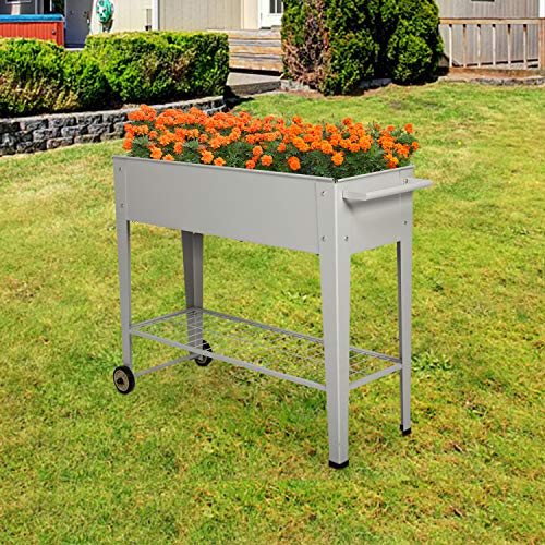 Kintness Raised Planter Box with Legs Metal Outdoor Elevated Garden Bed for Backyard Patio w/Wheels Storage Shelf