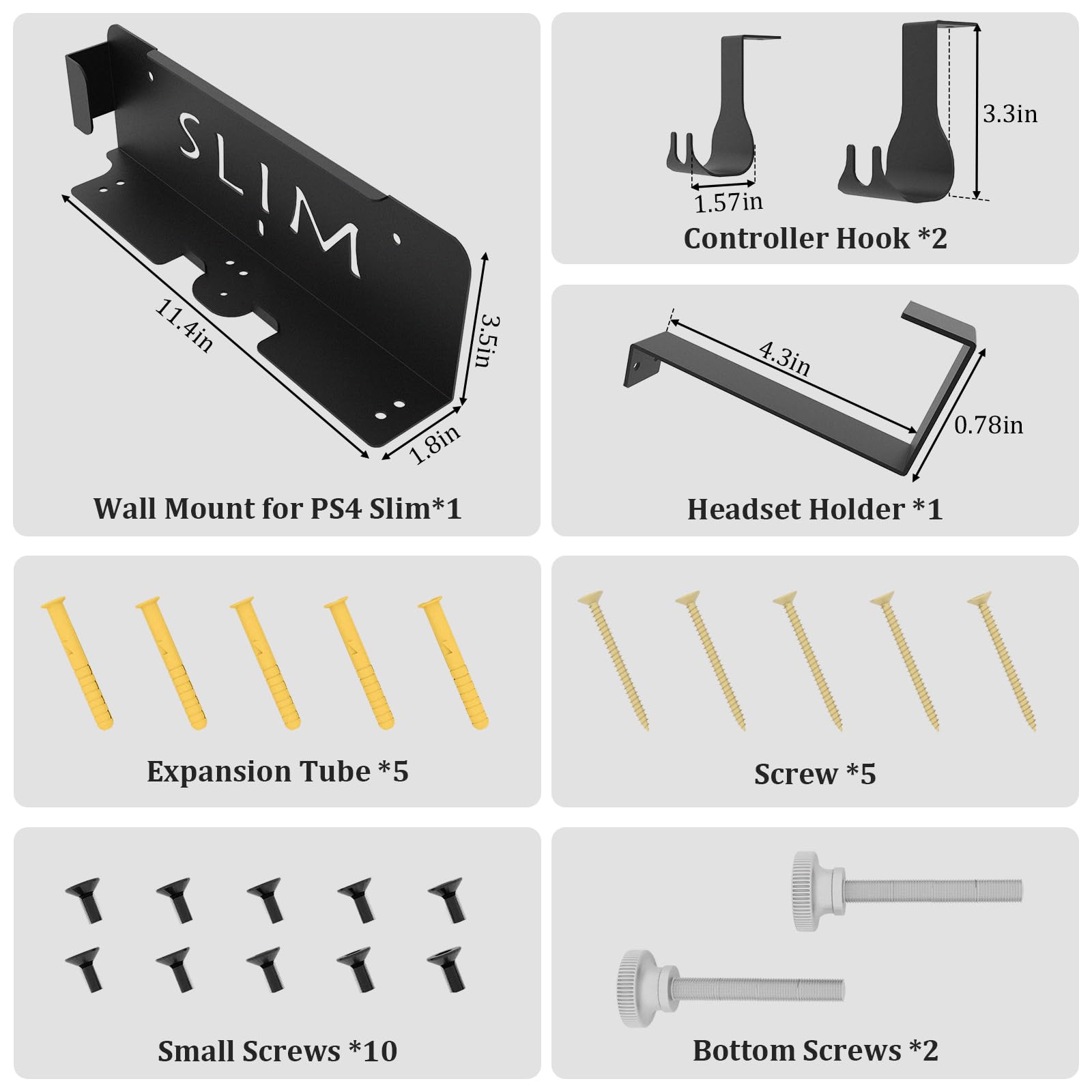 Wall Mount for PS4 Slim with Detachable 2 Controller Holder & Headphone Hanger, Metal Stealth Wall Mount Stand for Playstation 4 Slim