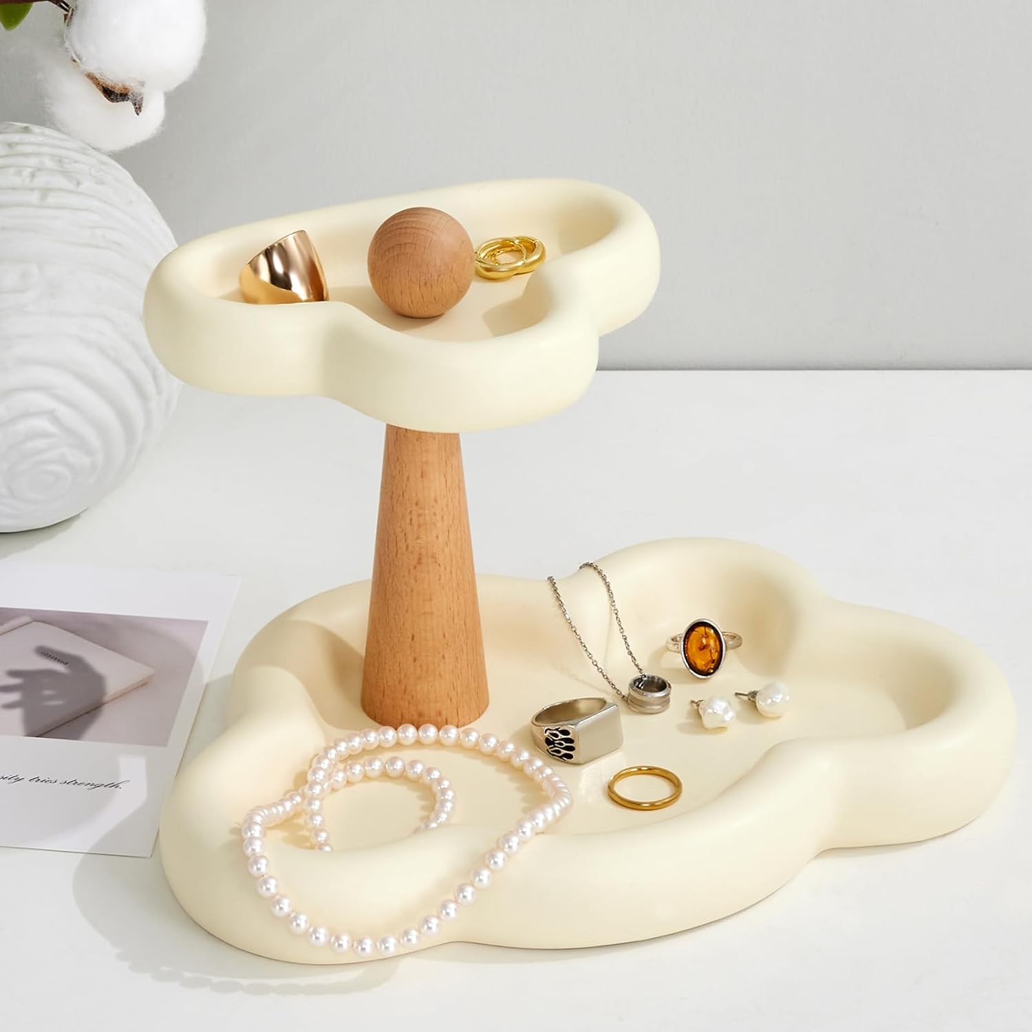 2-Tier Jewelry Tray for Women Gift, Ceramic Christmas Trinket Holder, Cloud Shape Watch Keys Ring Dish for Mother's Day/Christmas/Thanksgiving/Birthday Gift (Cream/Primary Rod)