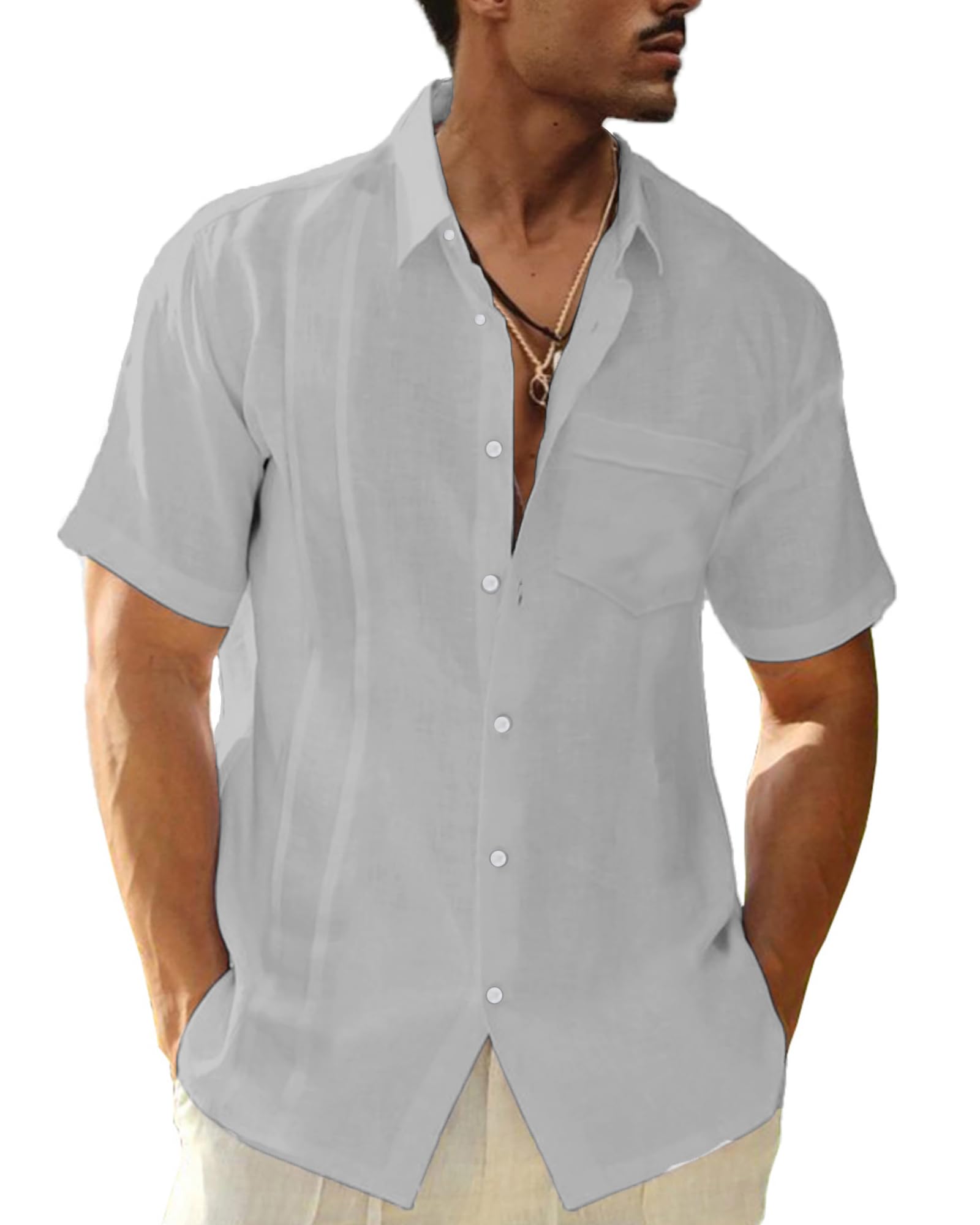 LVCBL Herren Leinen Kurzarm Hemd Sommerhemd Freizeithemd mit Brusttasche Regular Fit Men Shirts