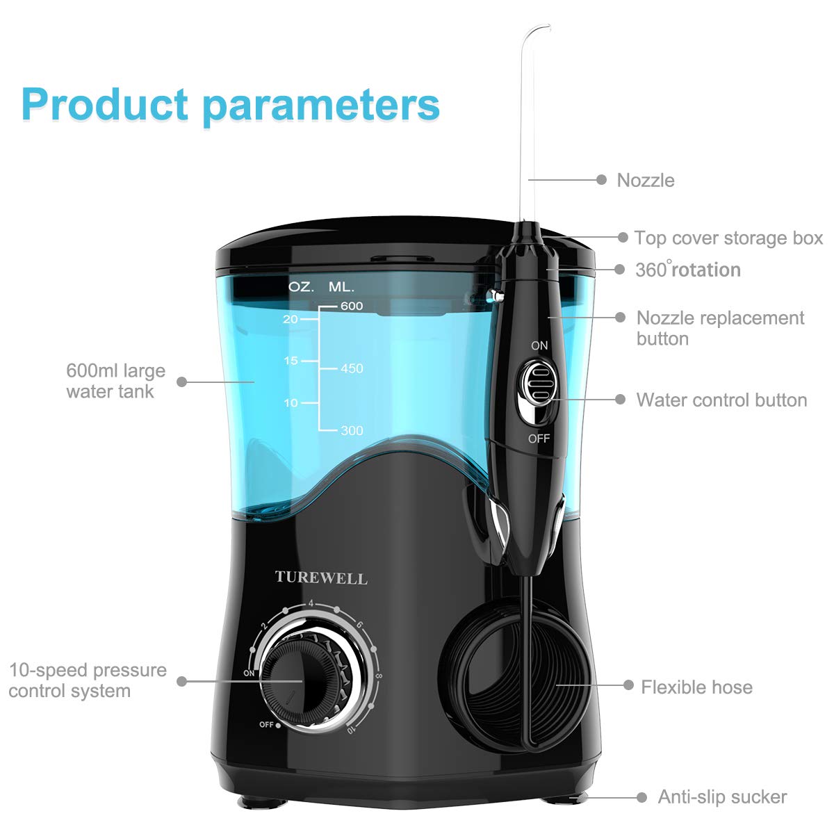 TUREWELL Hydropulseur Jet Dentaire avec 8 buses multifonctions, capacité de 600ml, 10 réglages de pression d'eau, approuvé FDA/CE Irrigateur Oral professionnel (Noir)