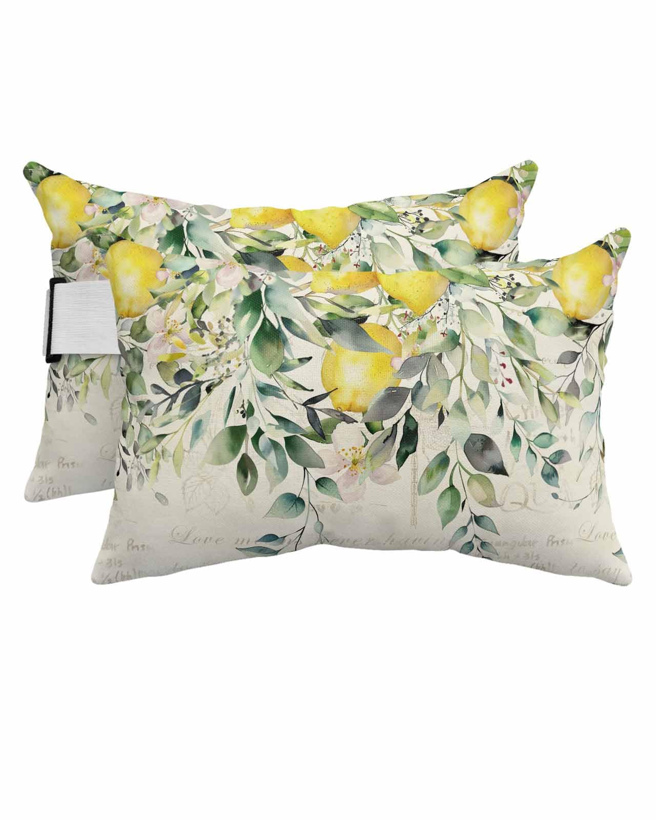 Anzona Pack of 4 Summer Lemon Lumbar Pillow Covers, Outdoor Waterproof Throw Pillow Covers Set, Spring Eucalyptus Leaves Botanical Vintage Decorative Cushion Case for Patio Beach, 11x16 Inch