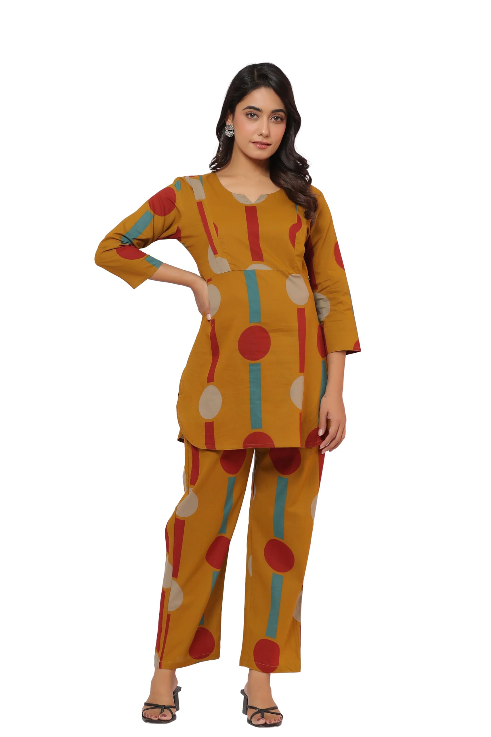 Pre & Post Maternity/Nursing Wear Hand Printed Night Suits/Night Dress Co-ord Set with Both Sides Zipper for Easy Feeding for to Be Moms & Nursing Mothers Pure Cotton Harvest Gold-image-2