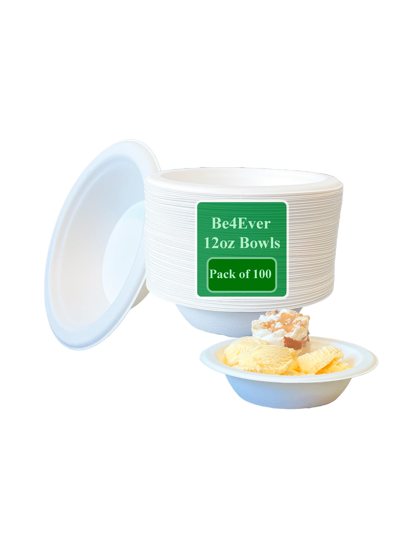 Be4Ever 100 Pack Disposable Paper Bowls 12oz-Eco-Friendly, Sugarcane White Bowls Biodegradable, Compostable Soup Bowls for Dessert Christmas Party BBQ Picnic 12oz (Pack of 100)