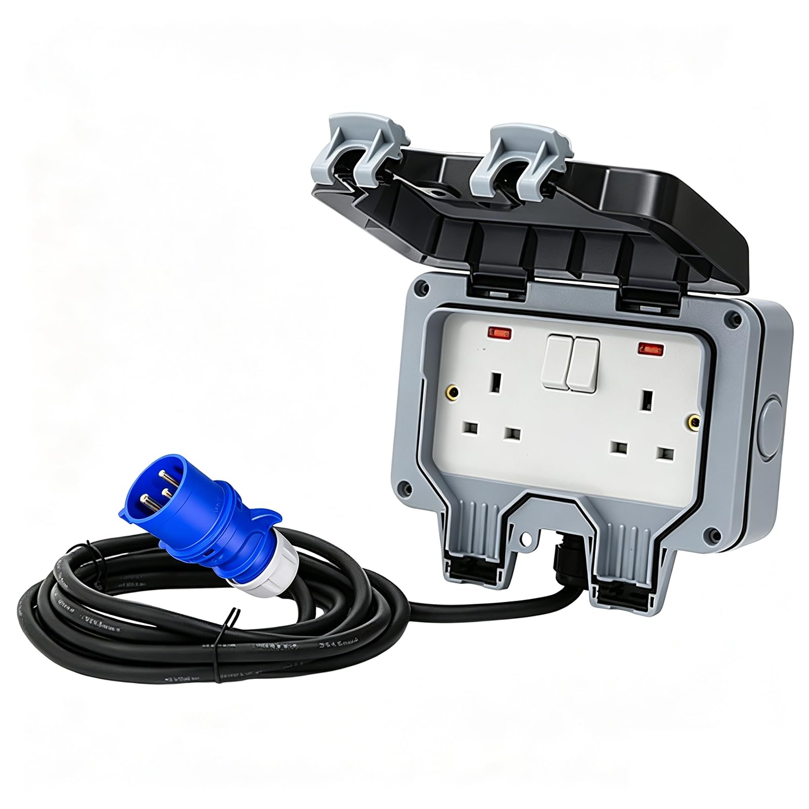Double Outdoor Socket with 5m Waterproof Extension Lead, 16 Amp Plug to 13Amp Weatherproof 2Gang Socket, 3G1.5 3Pin 16A Heavy Duty Cable, Outdoor Plug Sockets Waterproof Covered sockets box