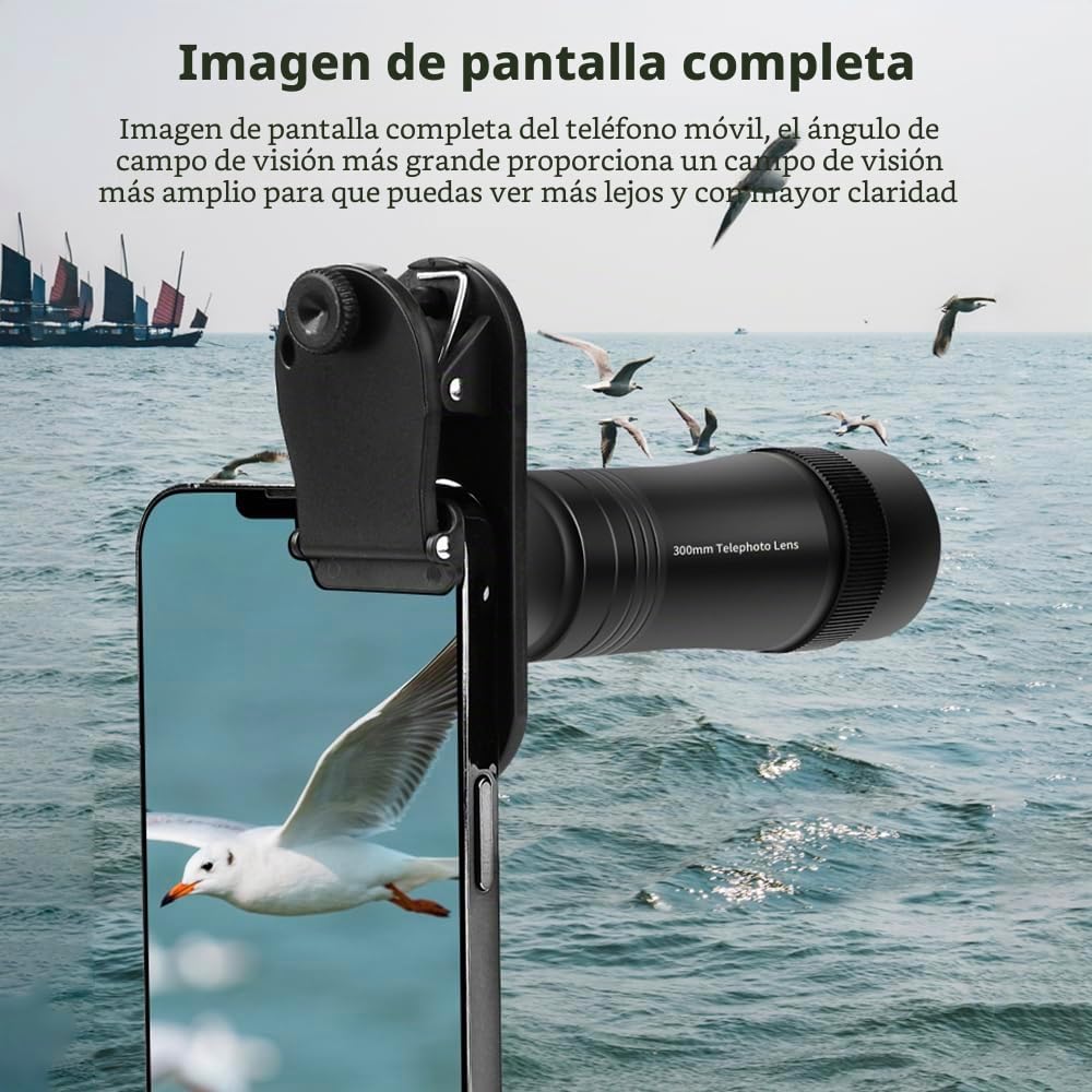 Andoer Objetivo de teléfono móvil de 300 mm para smartphone, objetivo zoom 10X, con clip de lente universal, paño de limpieza, bolsa de almacenamiento para senderismo, camping, observación de la