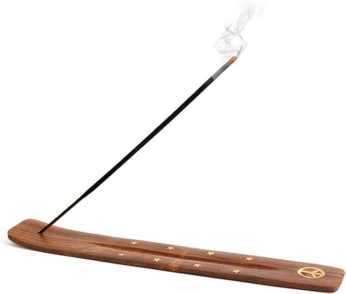Soporte de incienso de madera para varillas con incrustaciones de luna creciente de latón, 10 pulgadas de largo