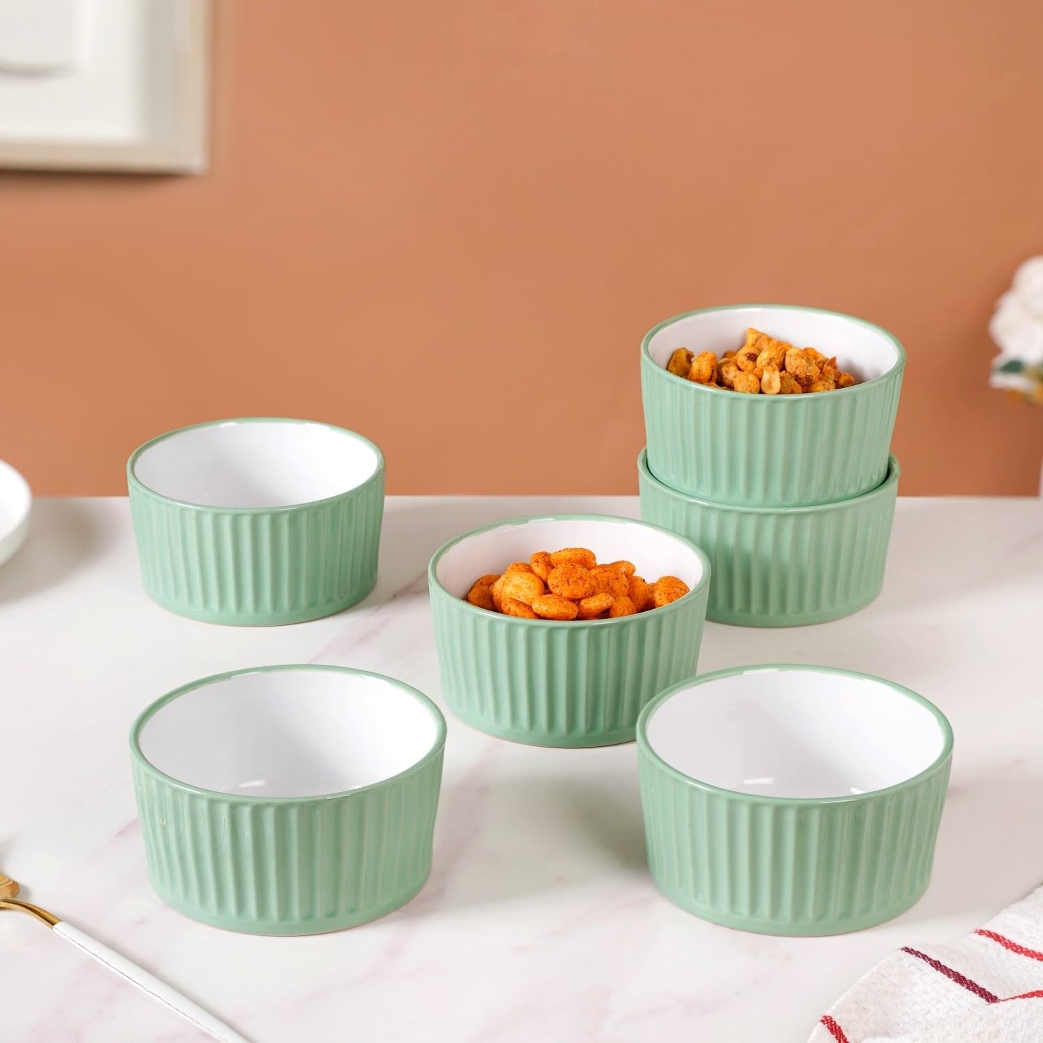 Nestasia Set of 6 Ceramic Snack Bowls | Ideal for Snacks, Side Dishes, Popcorn and Desserts (400ml) Green