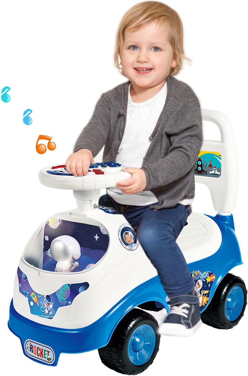 Ride On Push Car Plays Music with Under Seat Storage, Astronaut Rocket Sit to Stand Toddler Ride On Toy, Ages 36 Months + Boys Girls
