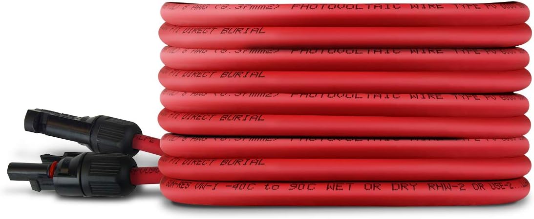 TEMCo 8 AWG/Gauge Solar Panel Extension Cable - Made in The USA (M/F Solar Connector Ends) 150 Feet Red (Variety of Lengths Available)