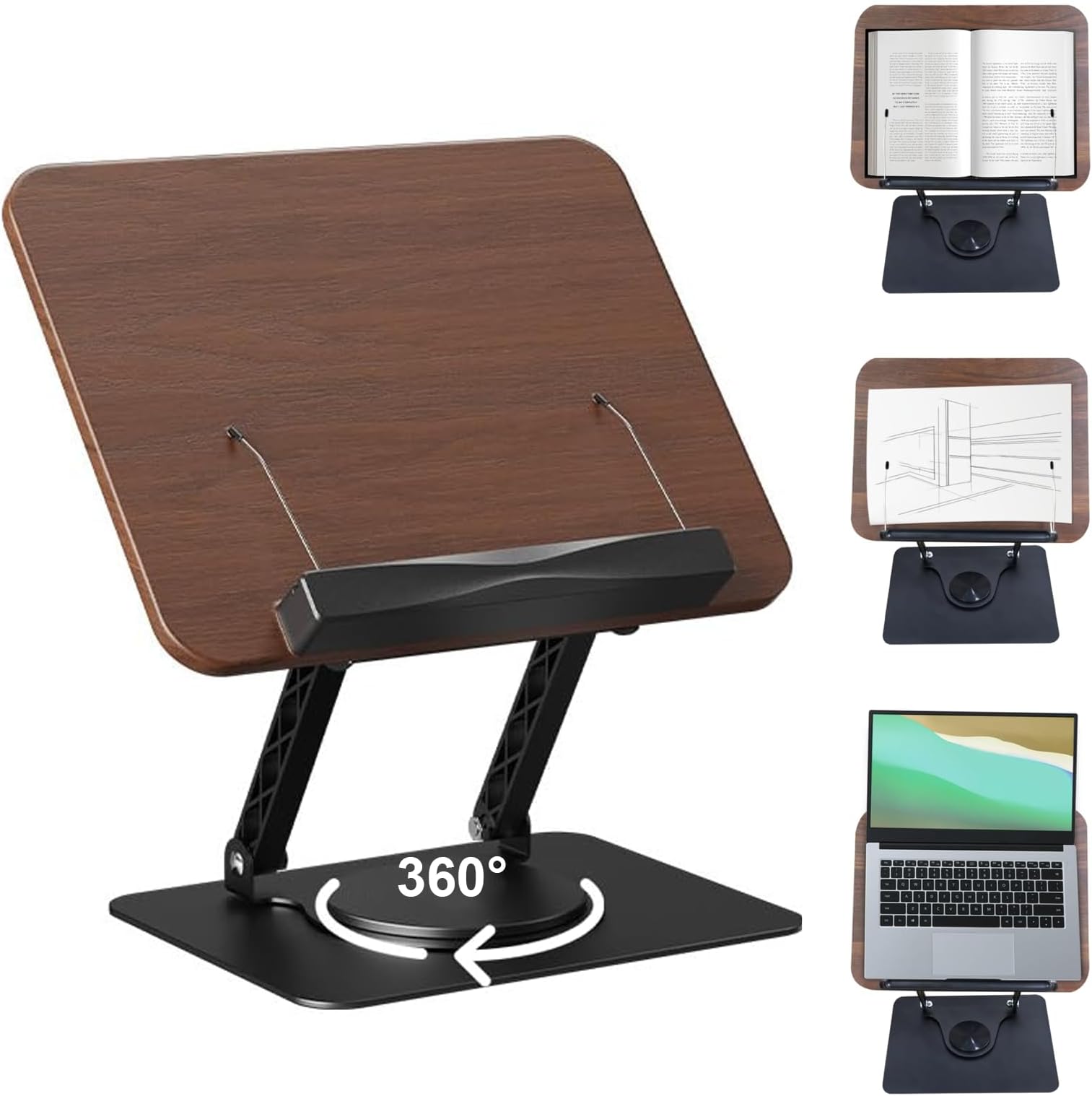 Book Stand, Reading Stand, Open Book Stand, Cookbook Holder, Adjustable Wooden Reading Stand, 360° Swivel for Recipe Books, Magazines, Notebooks, Tablets