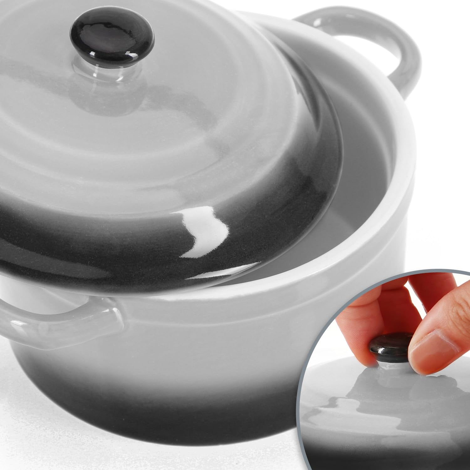 COM-FOUR® 4x cocotte avec couvercle en céramique - bol à dessert pour crème brûlée - mini cocotte pour aileron de ragoût et viande assaisonnée - gris, env. 250/175 ml par plat