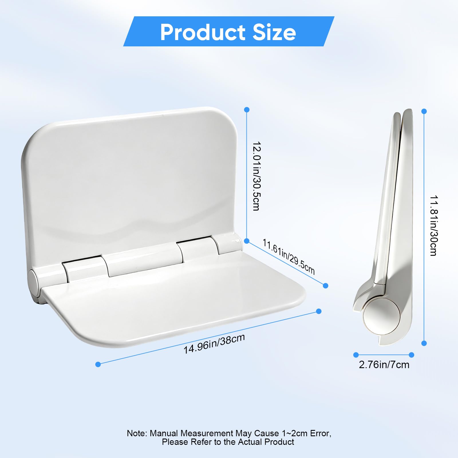 Sedile per Doccia Pieghevole a Muro, Supporta 150 kg, Sedile Doccia Allungato e Spesso per Anziani e disabili, Sgabello Doccia Antiscivolo, Sedile per Vasca Pieghevole per Anziani 38x29.5 cm
