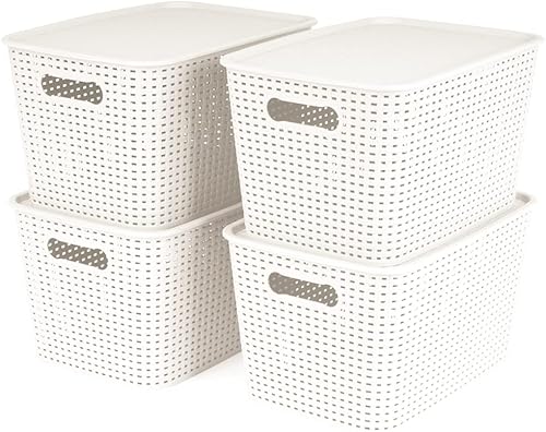 Contenedores de plástico grandes con tapas Juego de canastas organizadoras coreanas para organizar cestas en el armario y el hogar (blanco, grande,