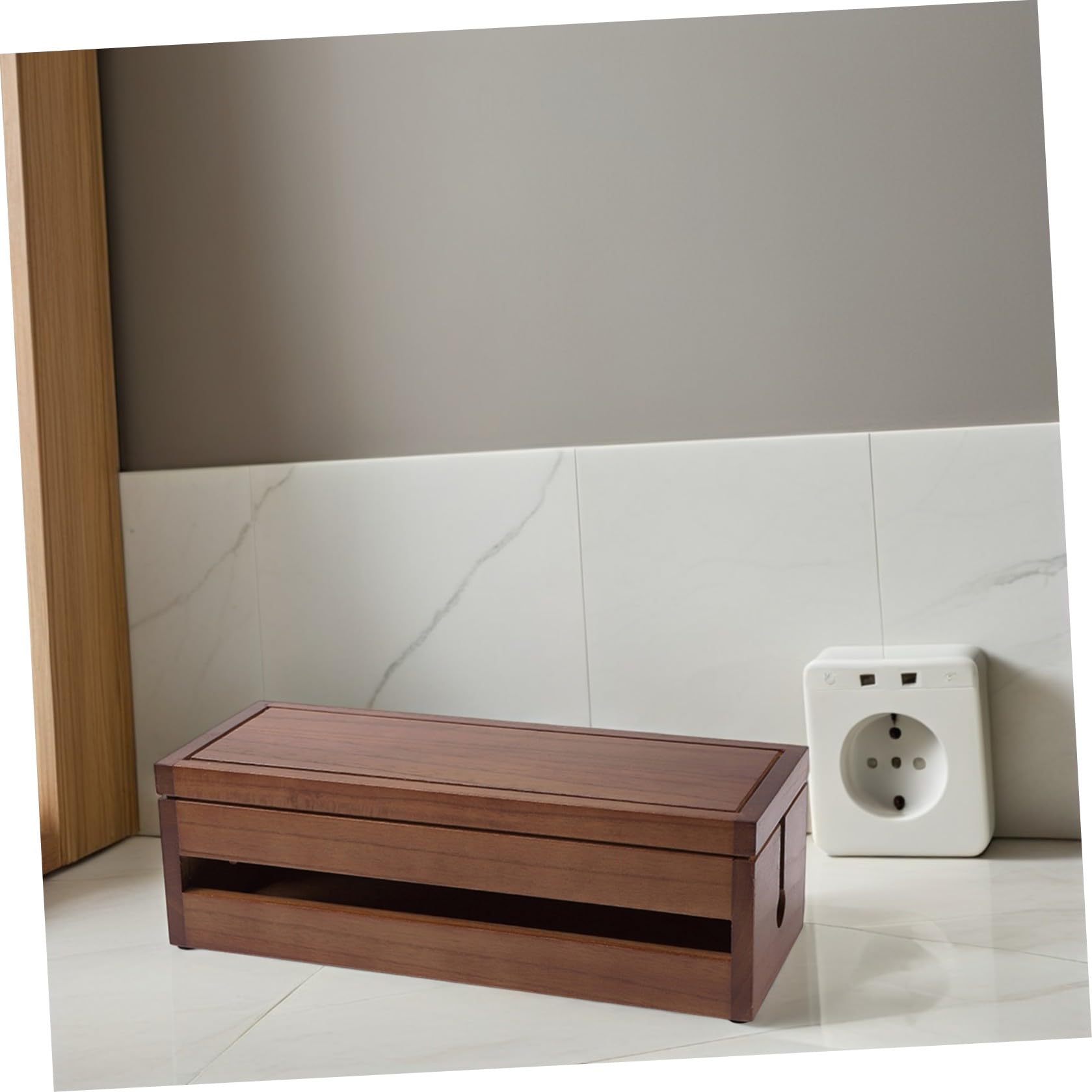 Organizador de Enchufes y Cables de Madera de Paulownia Diseño Multifuncional y Ventilación para Almacenamiento y Protección de Cables Hogar