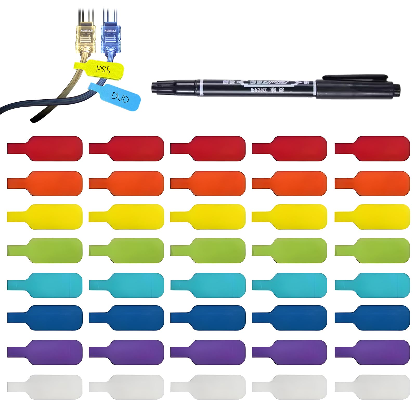VEGCOO 40pcs Cable Cord Labels Colorful Write On Cord Labels Reusable Wire Label Self Adhesive Label Hand-Writing Tag for Computers Cables Management and Identification (1*Pen Included)