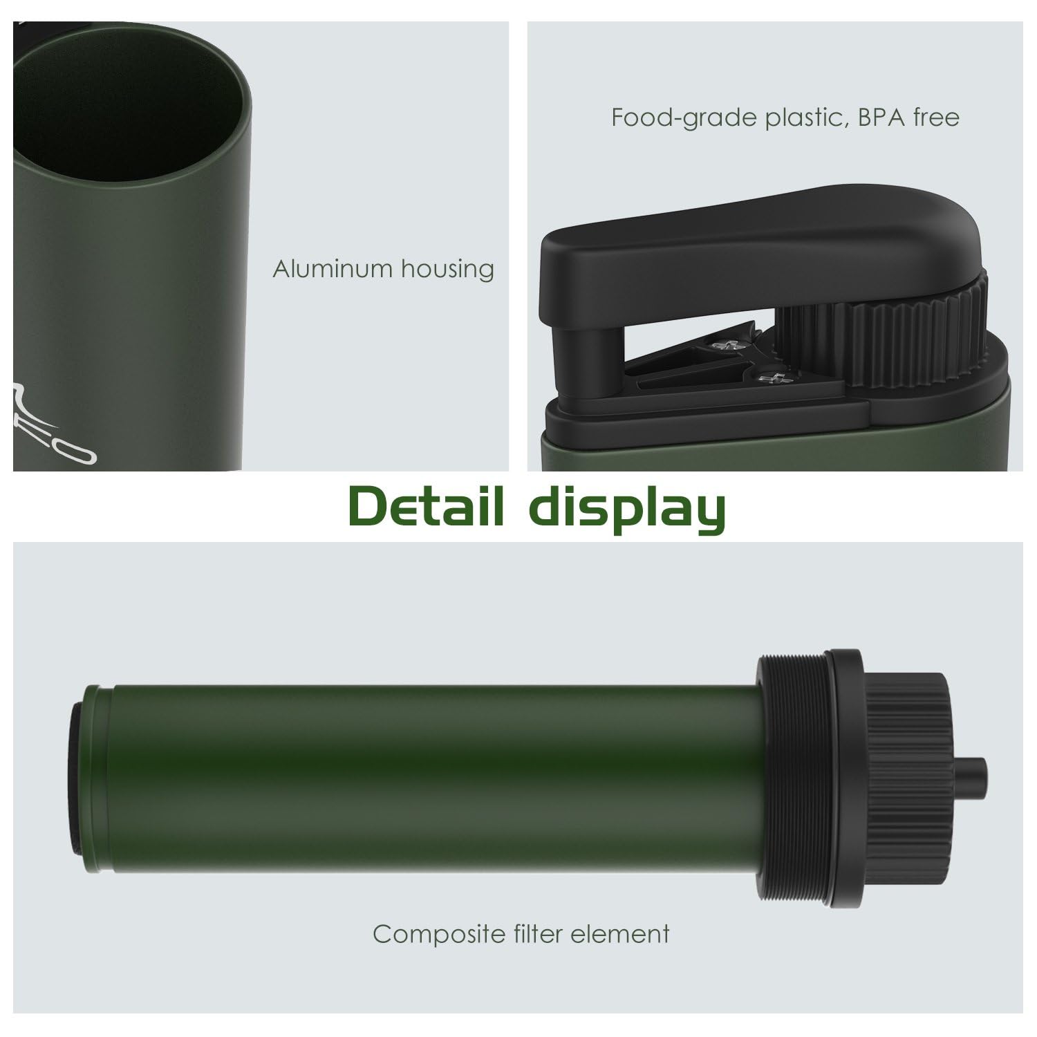 MoKo Filtro de agua portátil para camping, senderismo, purificador de agua de emergencia, supervivencia, con carbón interno y conjunto de filtro ultra