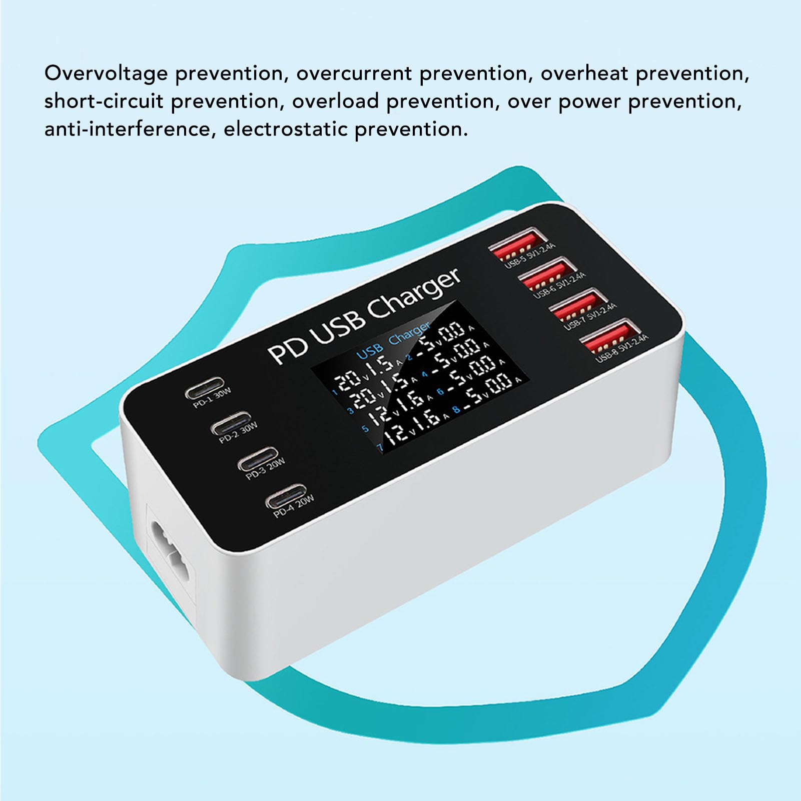 Ejoyous Chargeur USB C Multiple 65 W, Station de Charge USB 8 Ports, 4 Ports et 4 Ports USB-A avec écran LCD, Distribution D'énergie Intelligente QC3.0 PD30W, Charge Rapide (Prise UE)