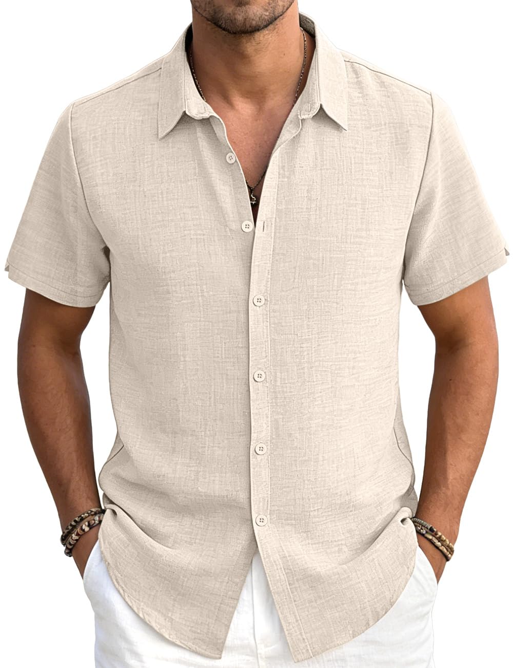 Men's Linen Shirts Casual Lightweight Button Down Shirt Beach Vacation Summer Tops Short Sleeve Stylish Shirt