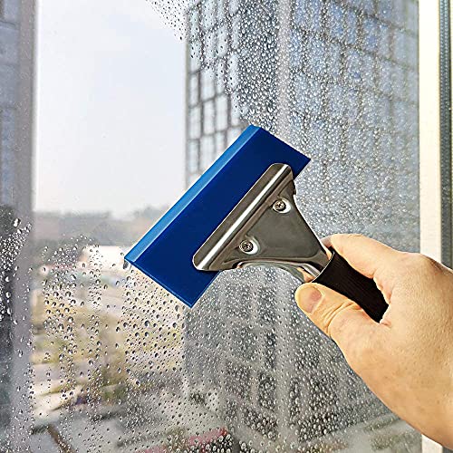 Image of RockRose Pro Stainless Steel Squeegee Anti-Slip Handle with 5 inch Rubber Blue Max Blade Window - Auto Vinyl Wrapping, Auto Tint Film Installation Glass Mirror Shower Cleaning Car Wash Squeegee (2 Units)