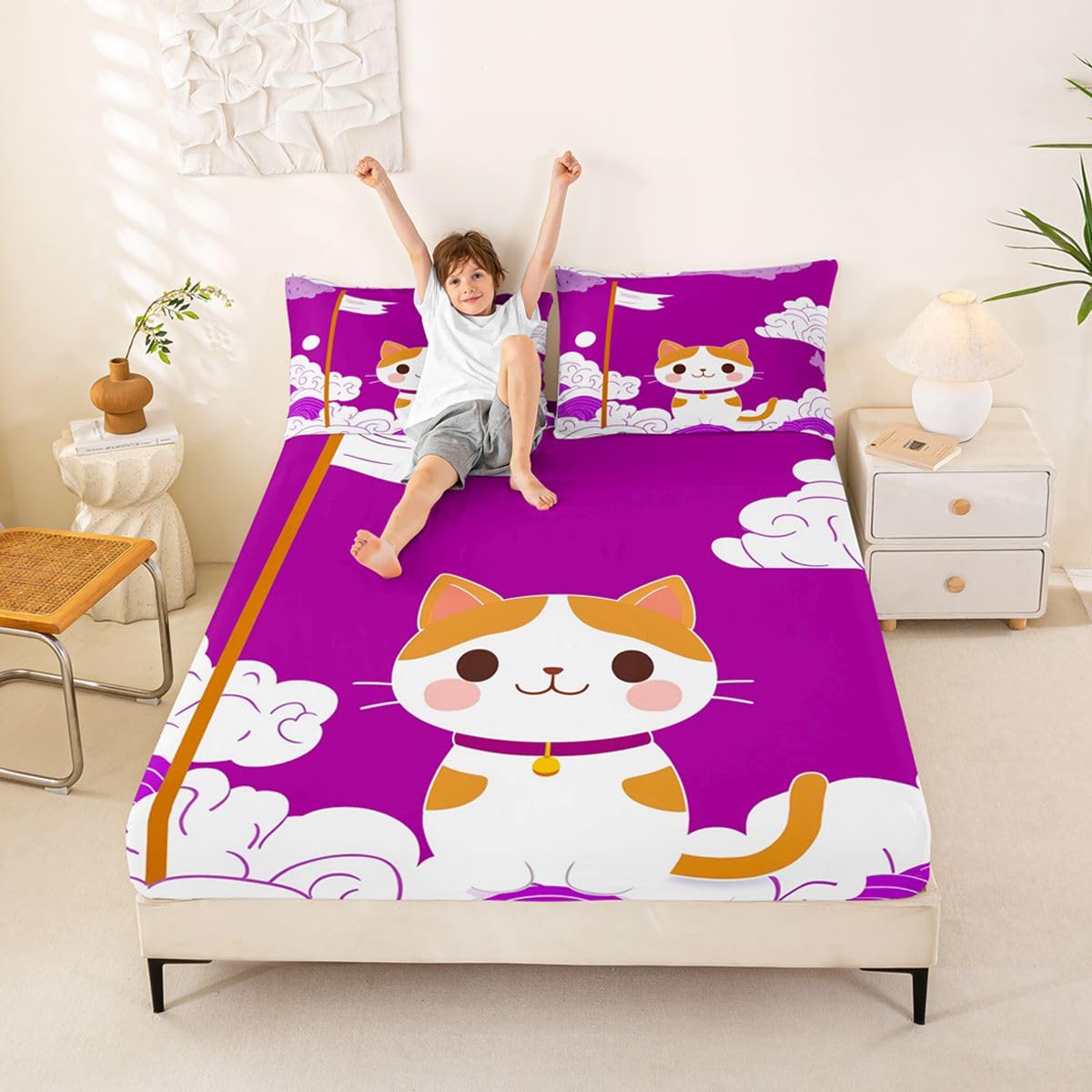 Sábana bajera ajustable de gato Kawaii tamaño King (no plana), juego de ropa de cama de 3 piezas con diseño de bandera de olas japonesas, decoración de habitación de niños y mujeres, sábana de