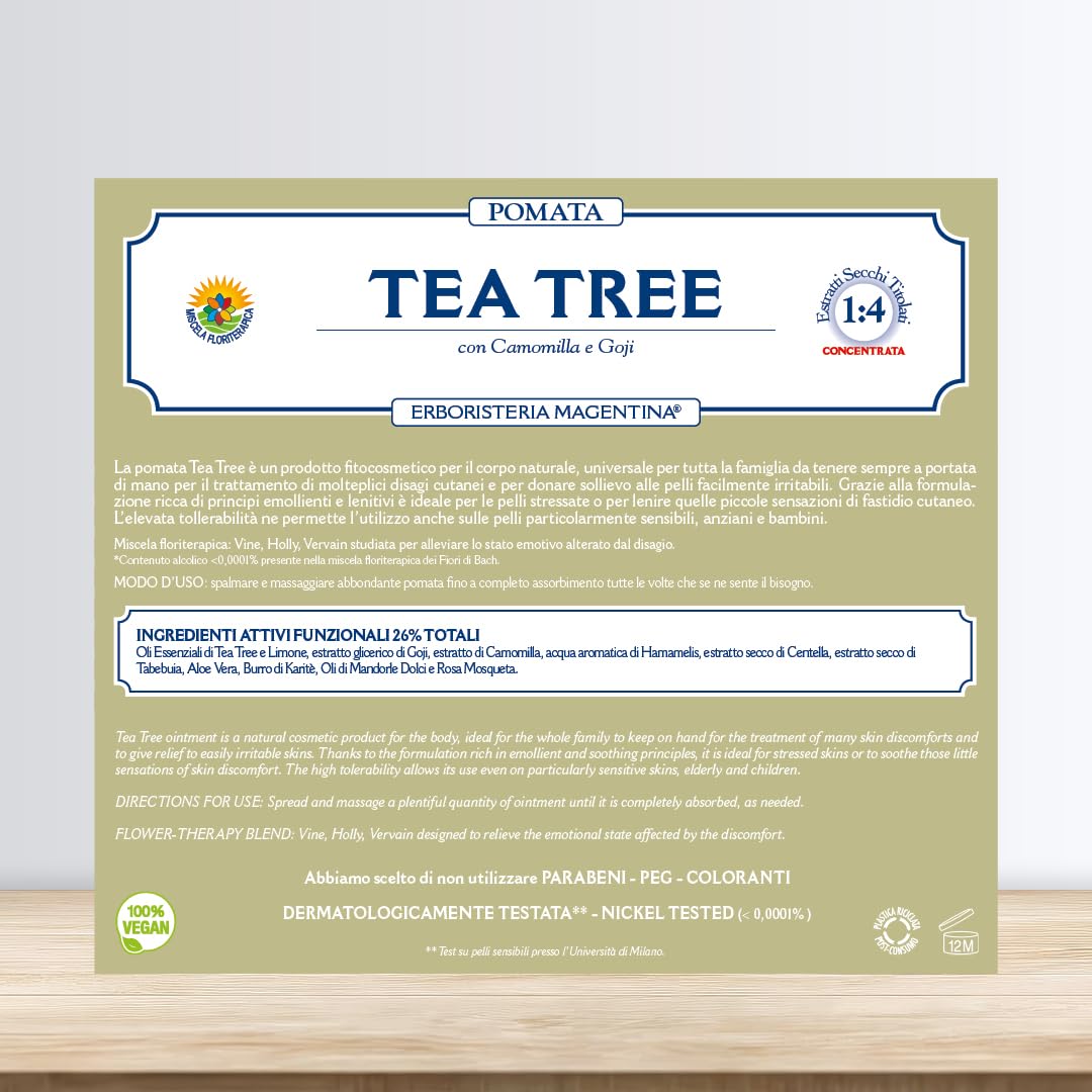 Erboristeria Magentina TEA TREE POMATA 100 ml - Pomata dai Mille Usi, Ideale in Caso di Secchezza Cutanea, Per Idratare e Proteggere le Pelli più Delicate anche in Presenza di Pruriti