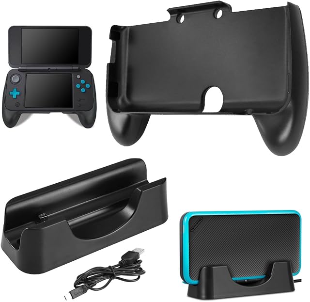 AFUNTA Charging Dock for New Nintendo 2DS XL with Hand Grip, Charging Station Cradle Stand With Mini USB Cable and Plastic Handle for 2017 Nintendo 2DS LL - Black