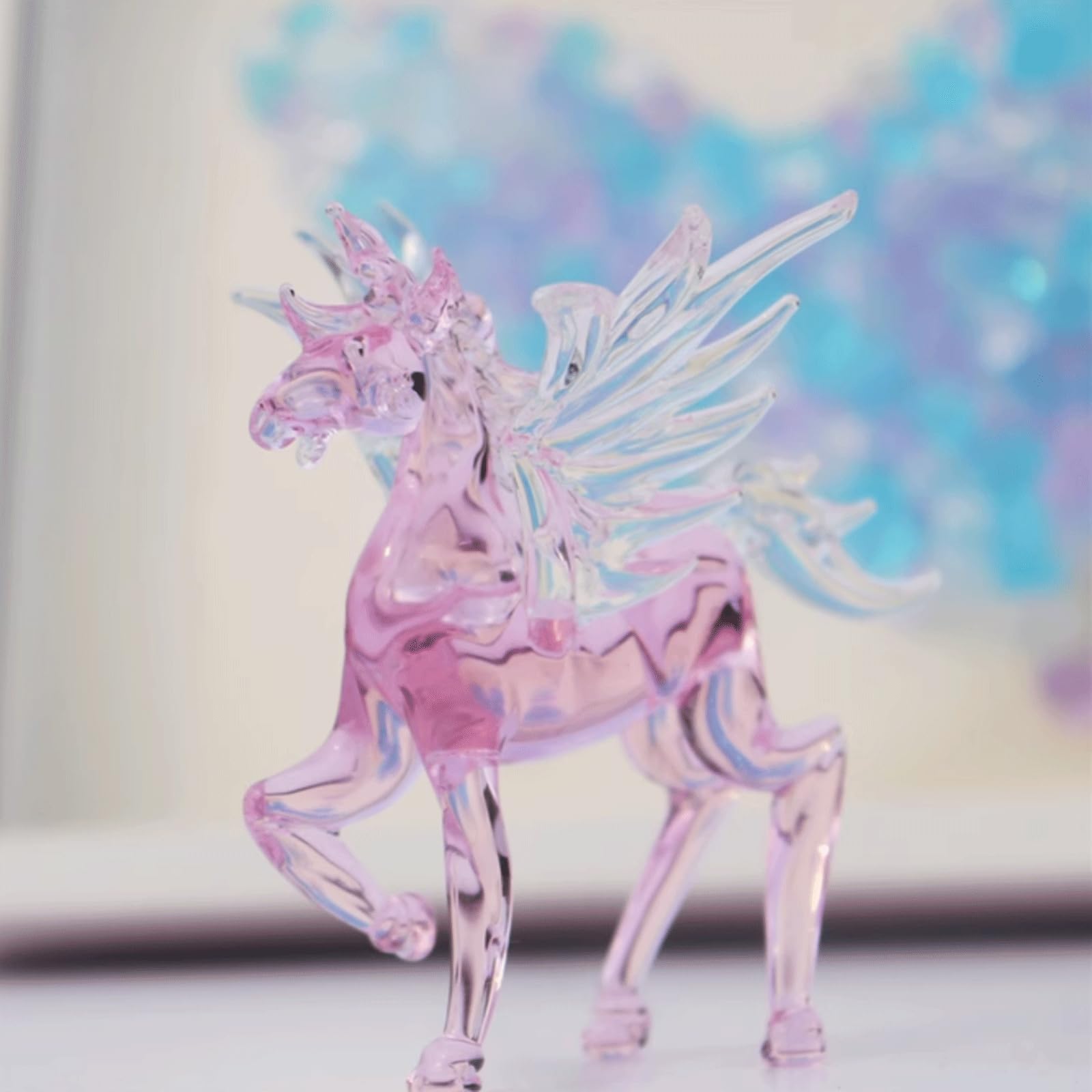 esmen Escultura de Vidrio soplado Pintada a Mano, Adornos de Vidrio cocido a Mano, Adornos de Caballo Rosa, Adorno de Cristal de Escritorio Figuras