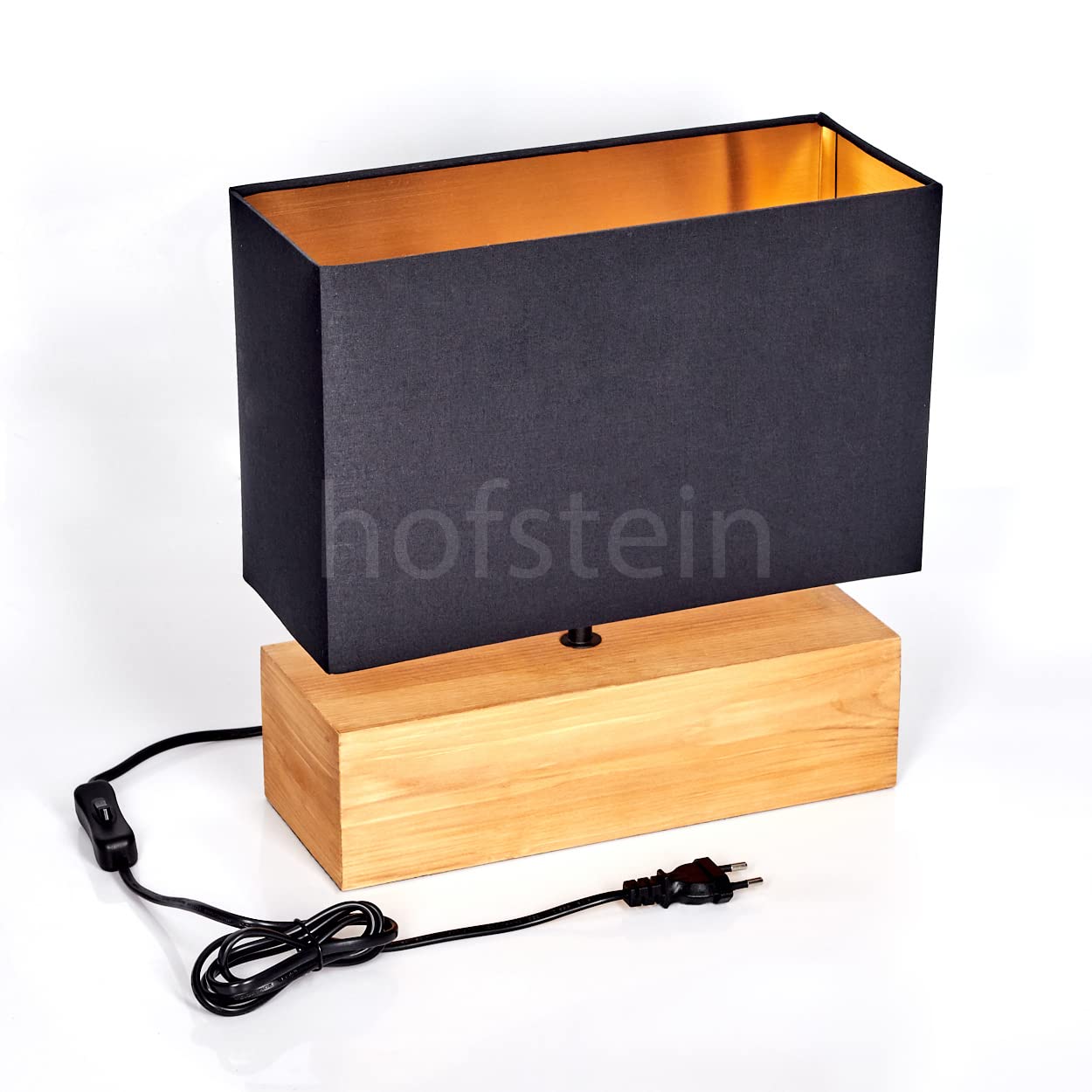 Tischleuchte Geneva, Nachttischlampe aus Holz/Stoff in Natur/Schwarz/Goldfarben, Tischlampe 1-flammig im skandinavischen Design, E27, Länge 30 cm, Leucht m. An-/Ausschalter am Kabel, ohne Leuchtmittel