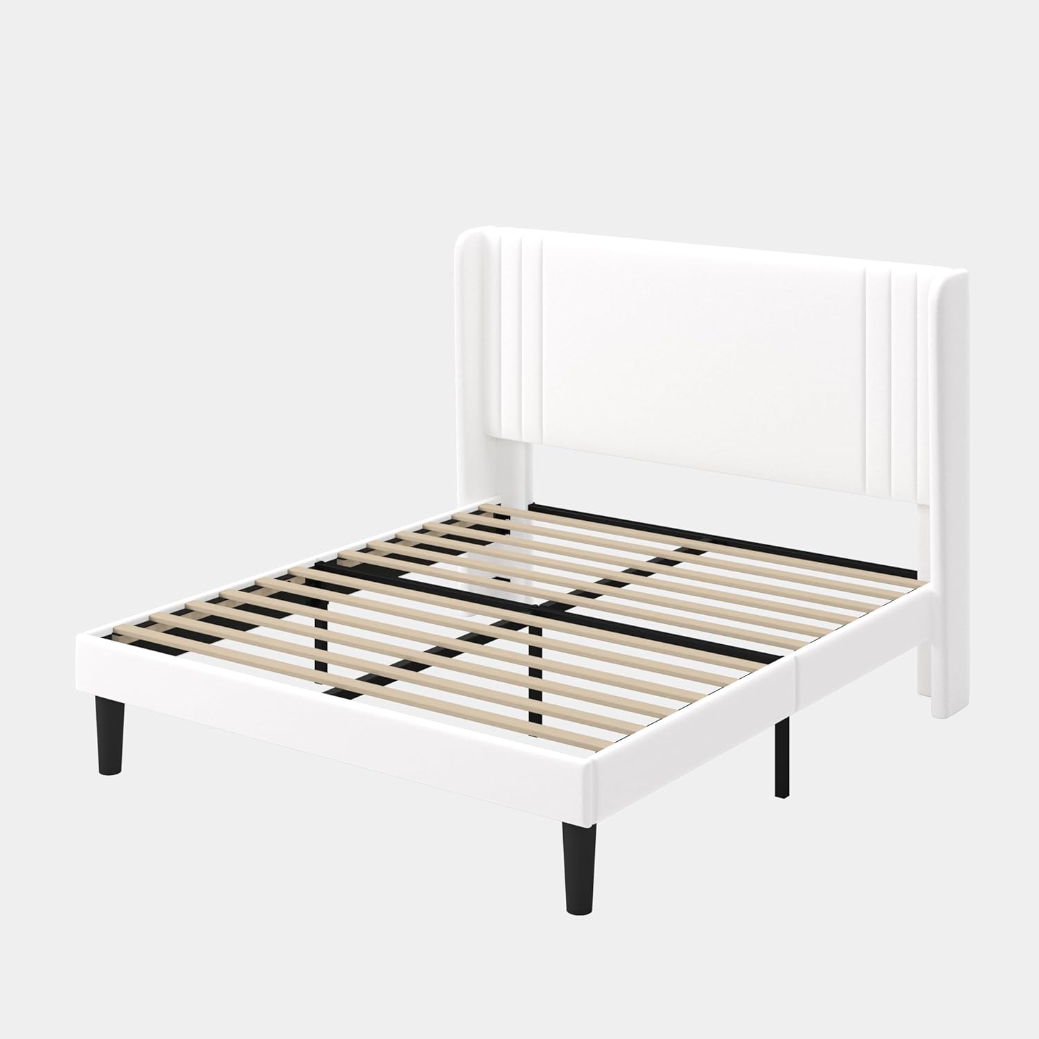 GOLDORO Queen Size Velvet Platform Bed Frame with Vertical Tufted Wingback Headboard, Easy Assembly, Under Bed Storage, No Box Spring Required, Modern Style, White