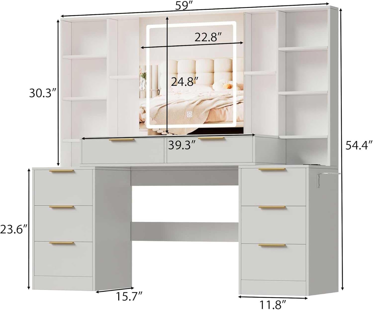 White Makeup Vanity Desk with Mirror & Lights, 8 Drawers, 6 Storage Shelves, Power Outlet, 3 Color Adjustable Lighting, Ideal Dressing Table for Bedroom & Dressing Room