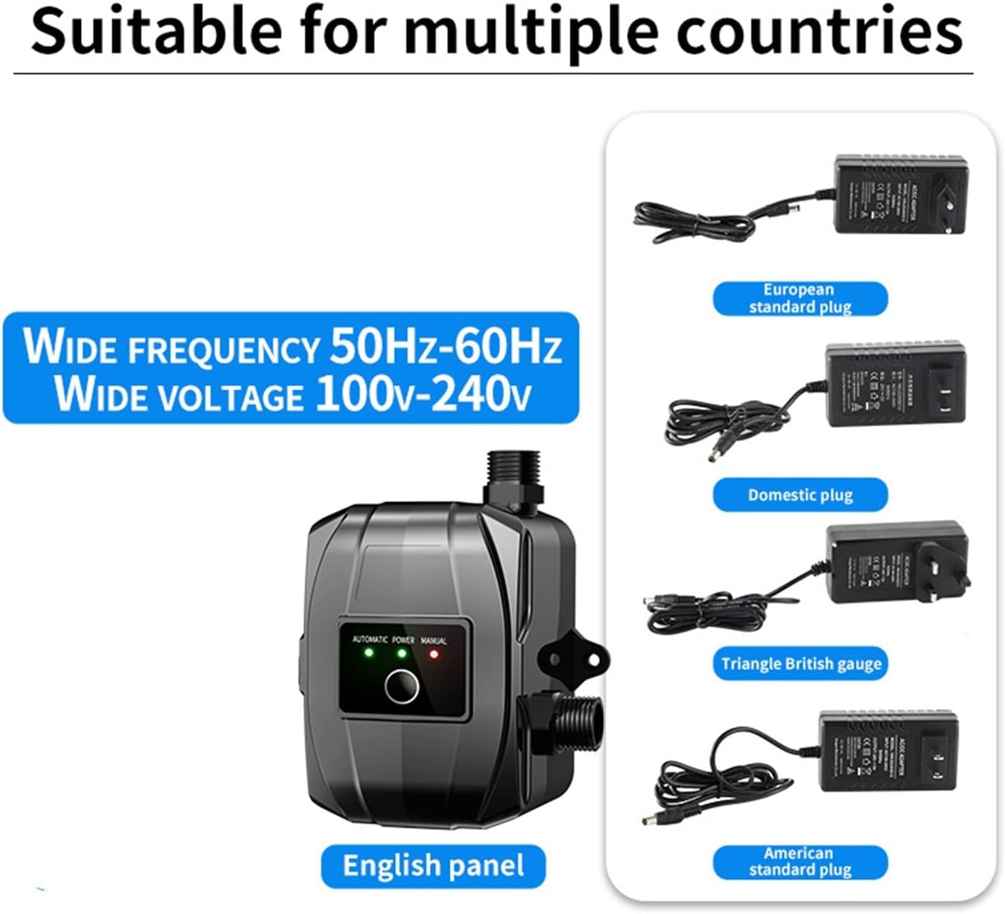 Image showing the booster pump and various power plug types: European standard, Domestic, Triangle British gauge, and American standard, indicating wide voltage compatibility (100V-240V) and frequency (50Hz-60Hz).