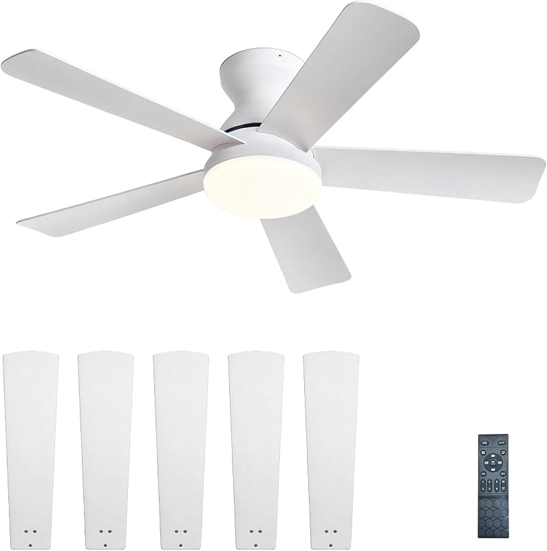 42 Inch Ceiling Fans with Lights and Remote Control, Indoor/Outdoor Flush Mount Low Profile Commercial Reversible Dimmable Ceiling Fans for Living Room Patio Industrial Shop, White