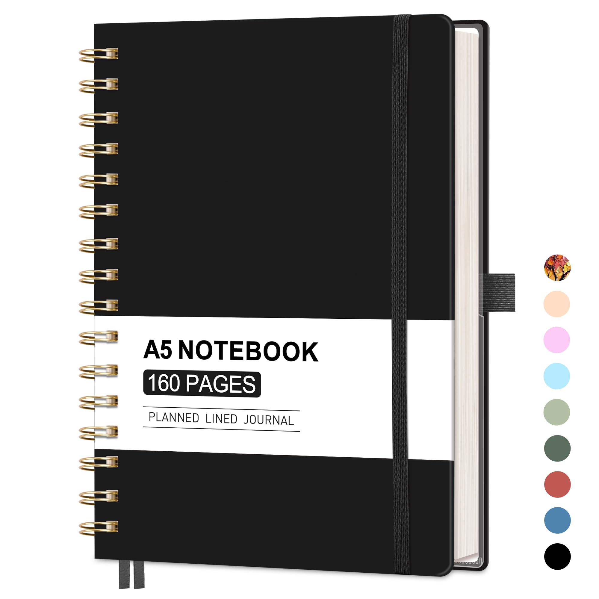 AUTEMPO A5 Notebook, Spiral Journal, 160 Lined Pages, A5 Medium Size (14.5 x 21cm), for Men & Women, Journaling, Writing, Work & Office, Hardcover, 100 GSM Thick Paper - Black