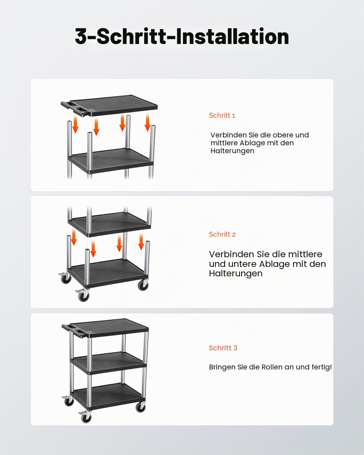 VEVOR Werkzeugwagen, 136 kg Tragkraft, Werkstattwagen, Mehrzweckwagen aus Kunststoff mit DREI Ablagen & 360°-Lenkrollen (2 mit Bremse), geeignet für Lager, Garage, Reinigung, 695x460x825 mm