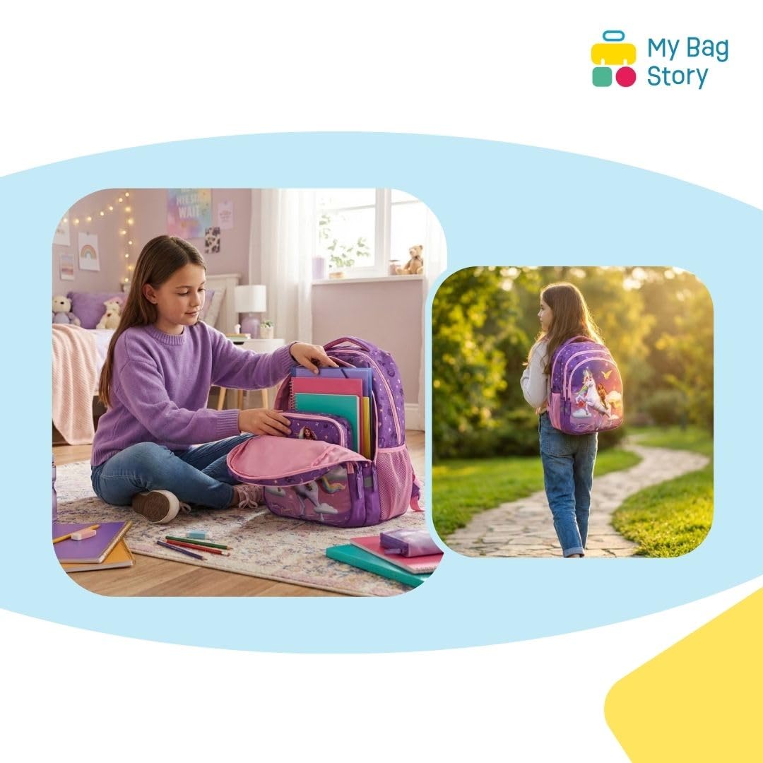 mybagstory Zaino da ragazza Unicorn Academy | Zaino da scuola Sophia e Wildstar Violet | 3 scomparti spaziosi con spallacci imbottiti, ideale per primaria e tempo libero dai 6 anni