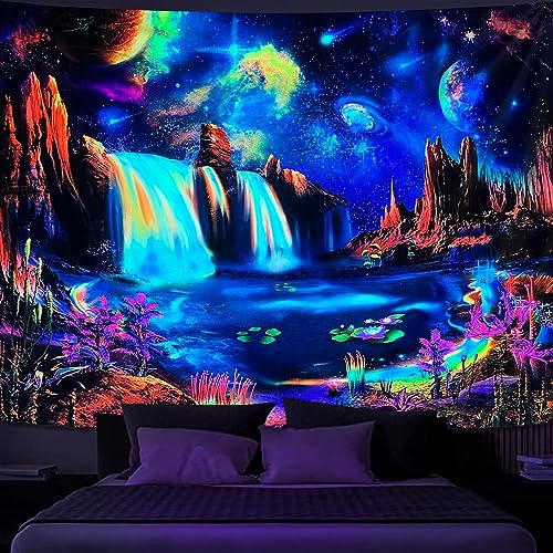 Fungarth Blacklight Galaxy Tapestry Planet Uv Reactive Space Tapestries Waterfall Landscape Fantasy Mountain Tapestry Wall Hanging Colorful Neon Plants Mysterious Nebula Aesthetic Tapestry For Bedroom cover