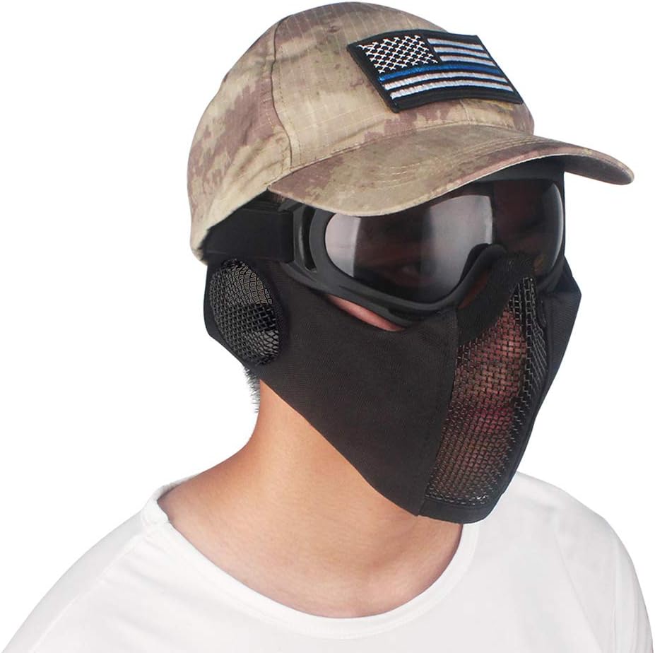 Airsoft Mask with Goggles, Foldable Half Face Airsoft Mesh Mask with Ear Protection for Paintball Shooting Cosplay CS Game (Black) : Sports & Outdoors