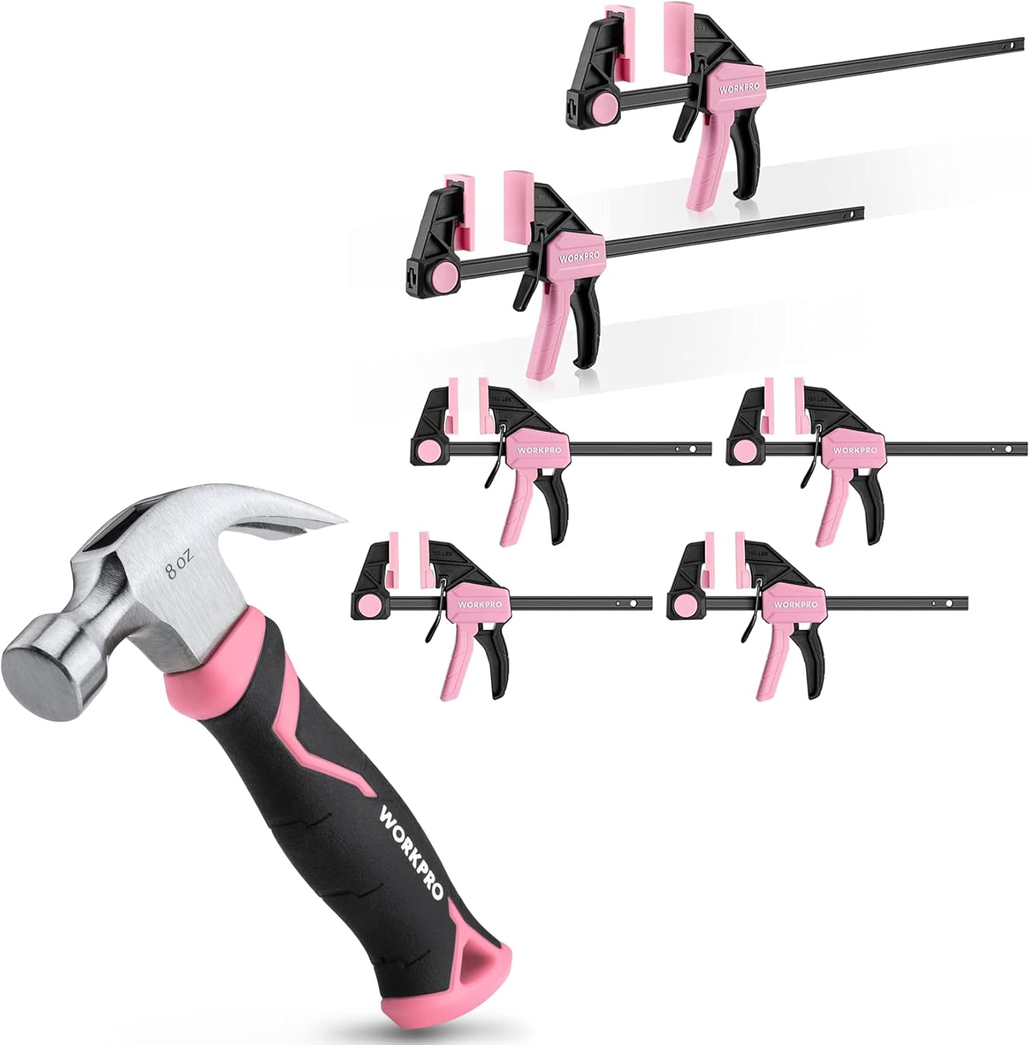 WORKPRO Bar Clamps and 8 oz Claw Hammer Set