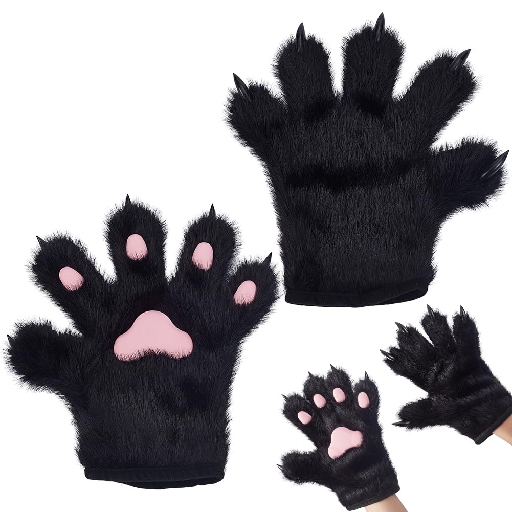 AHANDMAKER 1 Pair Furry Cat Claw Gloves Wolf Paw Gloves Faux Fur Cat Paw Print Mittens Winter Warm for Cosplay Costume Halloween Fancy Party Costume Accessories