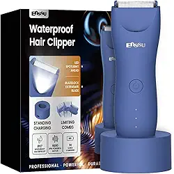 ENSSU Body Trimmer para homens, aparador elétrico para a virilha com lâmina cerâmica segura para a pele, à prova d'água para peito, barba e pelos pubianos, com base de recarga (Azul)