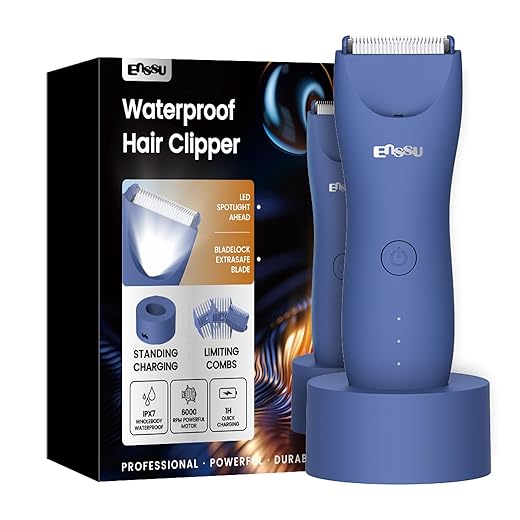ENSSU Body Trimmer para homens, aparador elétrico para a virilha com lâmina cerâmica segura para a pele, à prova d'água para peito, barba e pelos pubianos, com base de recarga (Azul)
