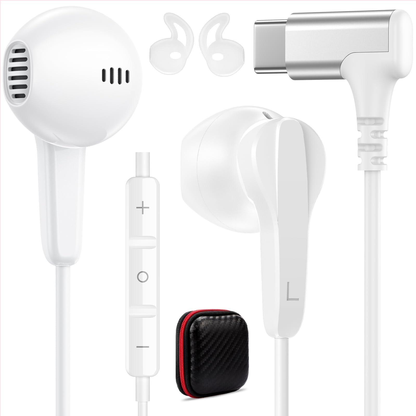 iMangoo USB C Earbuds Headphone Wired 90° Right Angled Plug in Ear Buds HiFi Sound USBC Headphones Laptop Computer Work Wire Corded Earphones with Microphone for iPhone 17 16 15 for Samsung S25 White