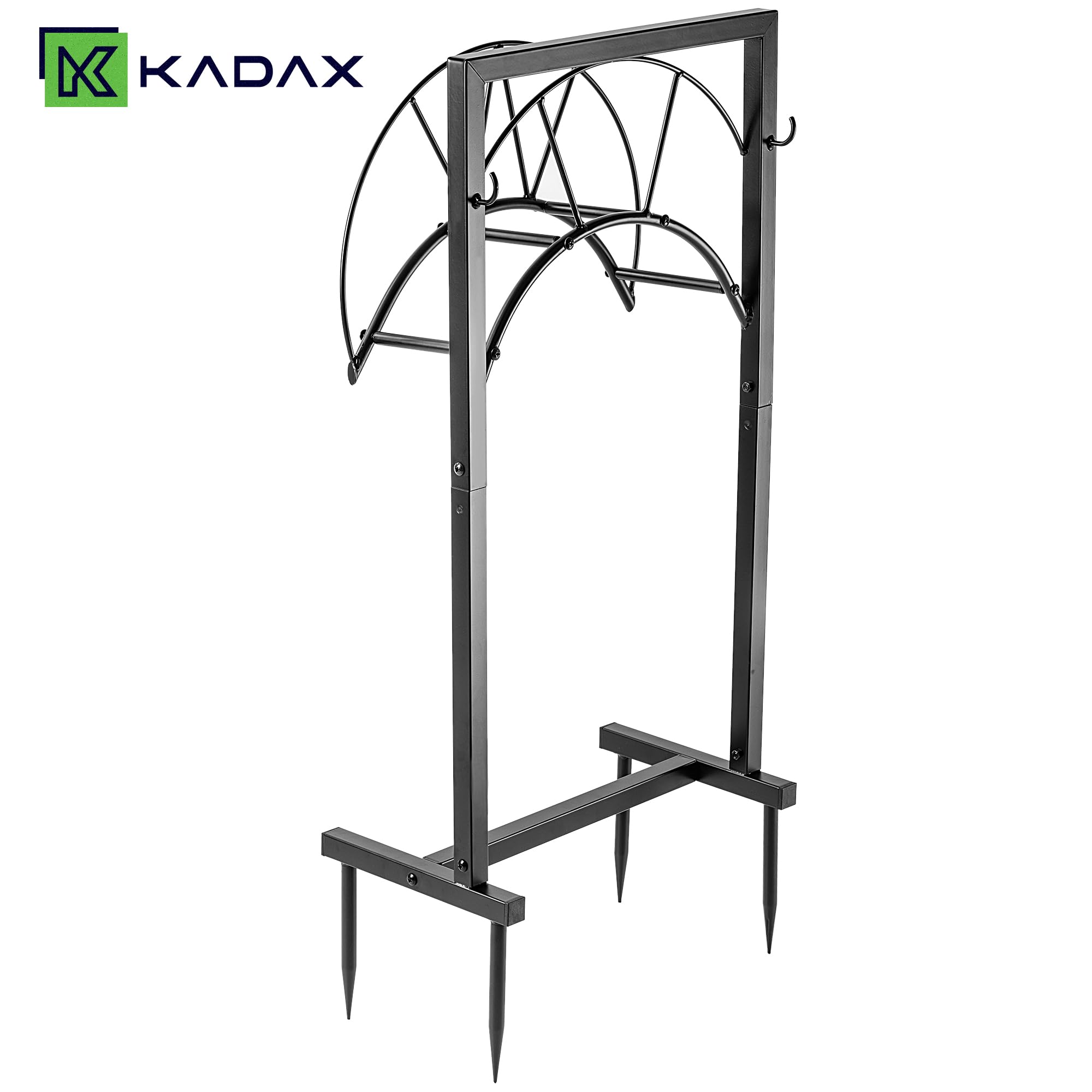 KADAX Wolnostojący uchwyt na wąż ogrodowy 45 x 85 cm, uchwyt na wąż z malowanego proszkowo żelaza, uchwyt na wąż do 45 m, uchwyt na wąż (Czarny)